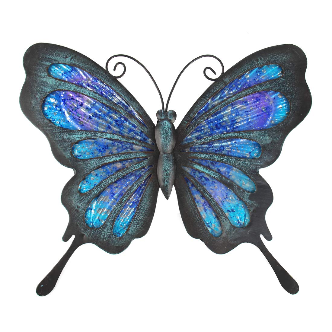 HONGLAND Metal Butterfly Wall Decor Outdoor Indoor Art Sculpture Hanging Glass Decorations Blue for Home Garden Bedroom (Blue)
