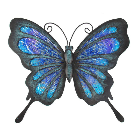 HONGLAND Metal Butterfly Wall Decor Outdoor Indoor Art Sculpture Hanging Glass Decorations Blue for Home Garden Bedroom (Blue)