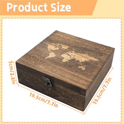 QoTang Our Adventures Box, 7.7 x 7.7 x 2.7 Inches, Decorative Wooden Keepsake Box Memory Box with World Map Background Engraved Wood Box with Lid Unique Gift Ideas Wedding Engagement Gift