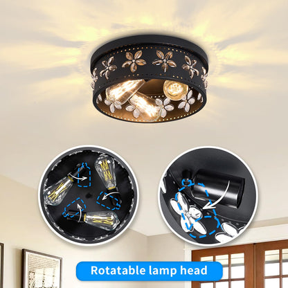 Glintawn 12.6 inch Black Flush Mount Ceiling Light Fixtures, 3-Light Ceiling Mount for Industrial, Crystal Light Fixtures for Farmhouse, Bedroom, Living Room, Kitchen, Hallway and Foyer (1 Pack)