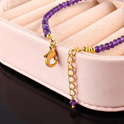 Natural Purple Amethyst Gemstone Micro Beads Dainty Bracelet Jewelry for Women, February Birthstone, Chakra Energy Crystals, 14k Gold Plated Chain 8 inch Adjustable