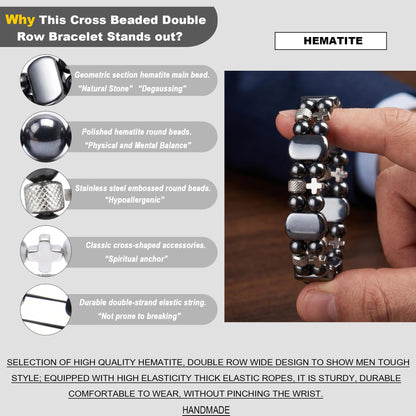 Christian Gifts for Men, Jesus Cross Bracelet for Men Handmade Double Elastic Beaded Bracelets Natural Crystal Gemstone Religious Jewelry for Boyfriend Husband Birthday Anniversary (Hematite)
