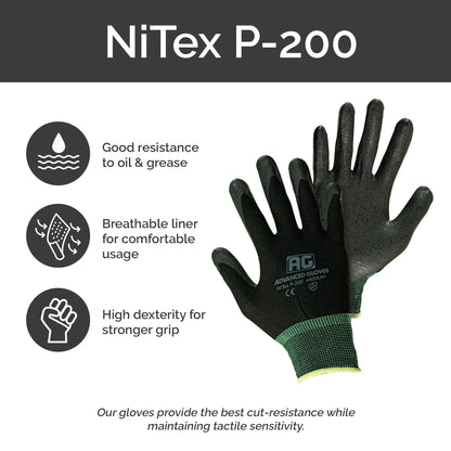 ADVANCED GLOVES – NiTex P-200 Nylon Nitrile Gloves, Breathable Nitrile Foam Coated Utility Gloves for Insulated Grip, Black, 6-Pair, Large