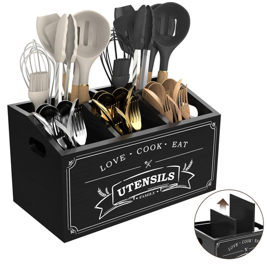 COAZEX Large Kitchen Utensil Holder with 5 Compartments, Wooden Cooking Utensil Holder for Countertop or Wall Mount, Rustic Farmhouse Utensil Caddy for Silverware, Forks, Spoons, and Spatulas (Black)