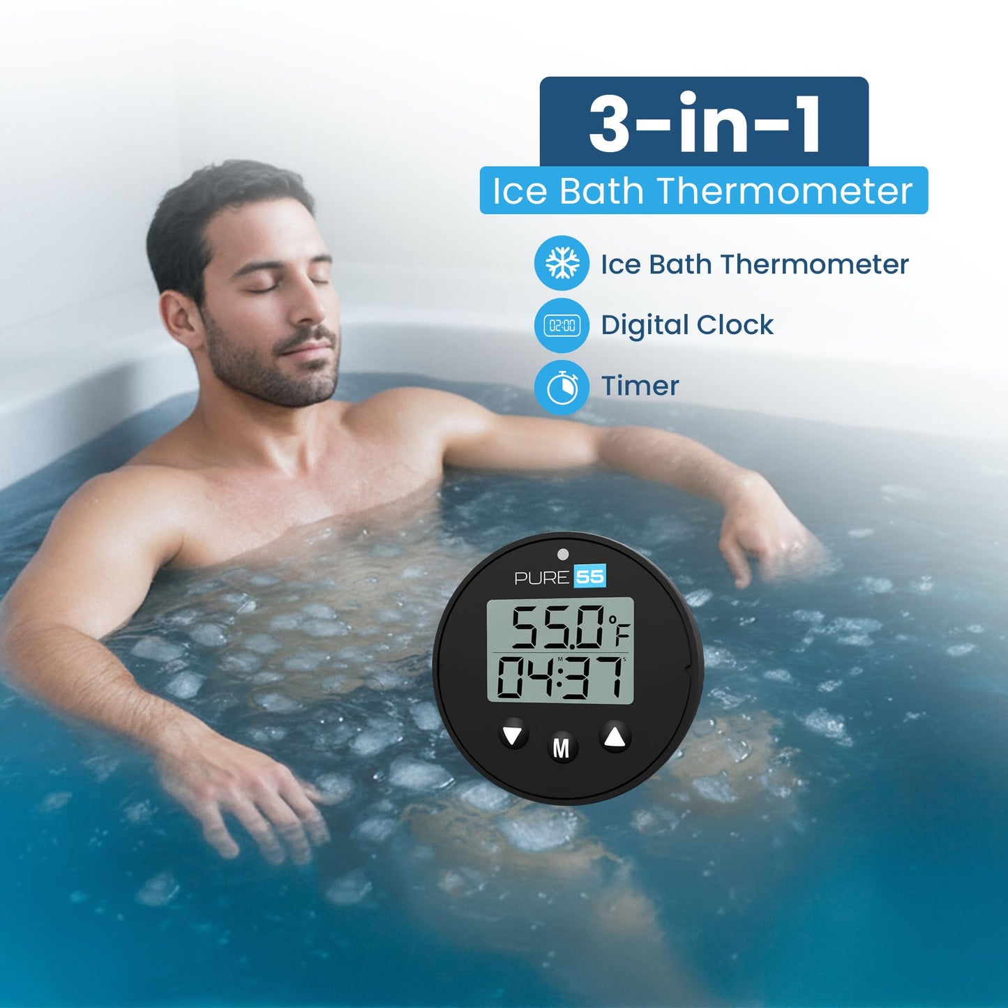 Pure55 PlungeGauge 3-in-1 Cold Plunge Thermometer with Clock & Timer - Ice Bath Water Thermometer with Easy 3-Button Control - Floating Design & IPX7 Waterproof with Audible Beep & LED Indicators