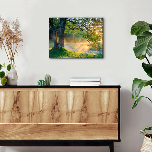 Nature Wall Art Vintage Green Oak Tree Picture Sunse Forest Wall Decor for Living Room Sunrise Mountain Landscape Painting Canvas Prints Sunlight Woodland Artwork Bedroom Bathroom Decoration 12x16”