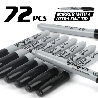 Yocfon Permanent Markers Ultra Fine Tip, Bulk Pack Of 72 Count Black Permanent Marker Set, Quick-Drying Ink, Works On Plastic, Wood, Stone, Metal And Glass