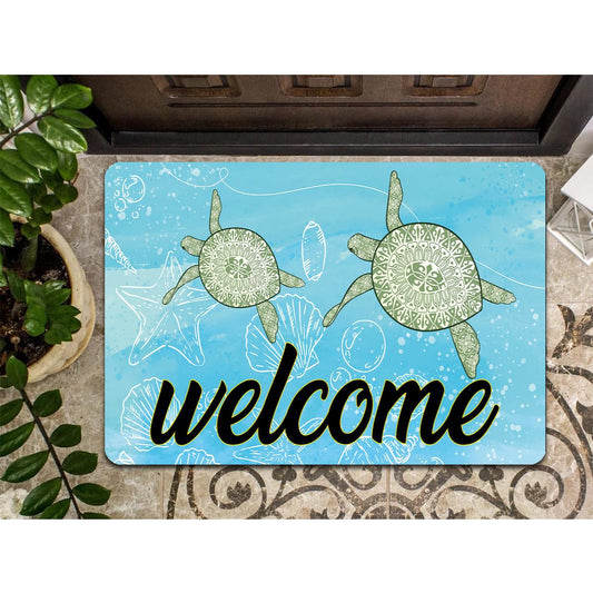 Funny Welcome Doormat Front Door Outside Entry Rugs (30 x 18 inch) Bohemian style Sea Turtle Welcome Mat with Ocean Blue Watercolor House Warming Gift Decorative Mats for Front Porch Patio Area Rug
