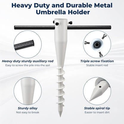 17" Stainless Steel Screw-in Ground Stakes - Extra-Long Spiral Anchor for Patio Umbrella Base, Canopy Weights on Beach/Lawn Weatherproof Pole Holder for 1-2" Posts, White