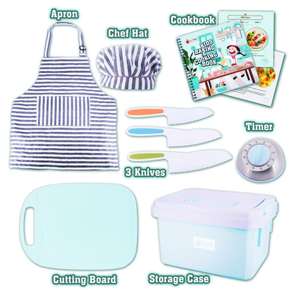 JoyTown Kids Cooking and Baking Set with Storage Case – Real Cooking Supplies with Cookbook, Knives, Timer, Kids Baking Kit for Girls & Boys – Complete Utensils Accessories with Chef Apron & Hat