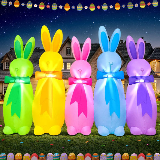 KOOY 6FT Long Easter Inflatables Outdoor Decoration Five Colorful Bunny, Built in LED Lights Blow Up Yard Decoration for Lawn Garden Holiday Party
