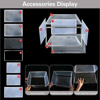 Clear Book Organizer Box, Stackable Plastic Bookcase with Magnetic Door, Multifunctional Storage Showcase for Book, Magazine, Shoes, Handbags, Doll (14.1 x 10.35 x 8.07 Inch, 1 Pack)