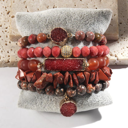 Yomisa 5PCS Natural Boho Beaded Bracelets for Women Men,Healing Turquoise Jasper Agate Crystal Gemstone Stone Diamond Chakra Multilayer Wrap Bohemian Handmade Jewelry Beads Stretch Bracelet Set