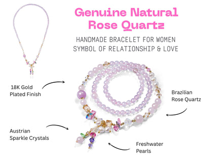 18K Gold Plated Handmade Rose Quartz Wrap Bracelet-Necklace for Women | Natural Healing Stone with Freshwater Pearl & Austrian Crystal | Love Energy Gift