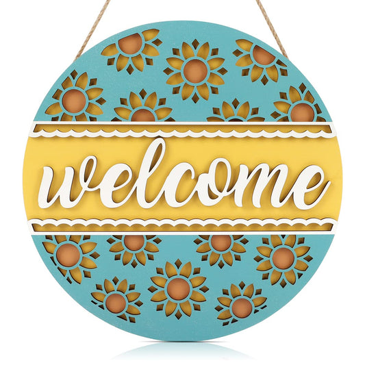 Farmhouse 3D Sunflower Welcome Front Door Sign (12''x12''), Vintage Summer Wooden Cutout Door Decor, Rustic Carved Hello Wall Hanging for Porch Garden Fence Shop Decoration