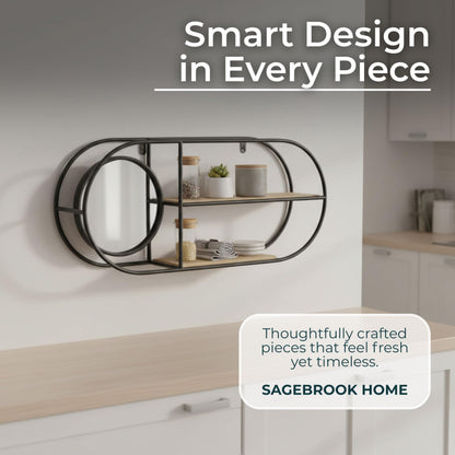 Metal And Wood Wall Shelf – Storage Shelf With Mirror And Open Shelves, Entryway Or Bathroom Wall Home Decor, Industrial Wall Organizer For Keys, Mail, And Display – 23" x 5" x 10", Brown Black