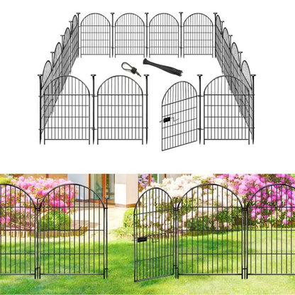 ADAVIN Garden Fence Animal Barrier with Gate 32 in(H)×35 Ft(L) 16 Panels,Rustproof Metal Wire Tall Fencing Border for Dogs Rabbits,Outdoor no dig pet Fences,Black Flower Edging for Yard,Arched
