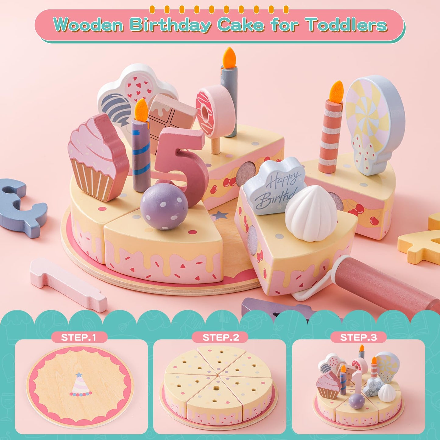 ZRUNBO Birthday Party Cake Toys, Wooden Play Food Set for Kids Toddlers, Play Kitchen Toys for Boys Girls, Educational Toys