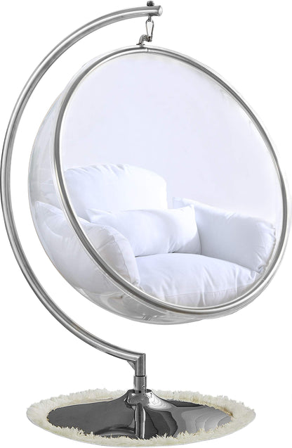 Meridian Furniture 507White Luna Collection Modern | Contemporary Clear Acrylic Accent Swing Chair with Durable Metal Base and Fabric Seat, White, Chrome Finish, 41.5" W x 29.5" D x 64" H