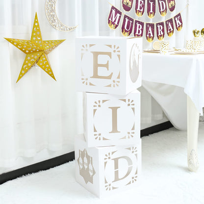 Eid Decoration Boxes with Light - 3pcs White Hollow-Out Paper Boxes with Warm Light String, Cultural Elements Box for Eid al-Fitr Decor al-Adha Festival Ramadan Mubarak Muslim Islamic Supplies