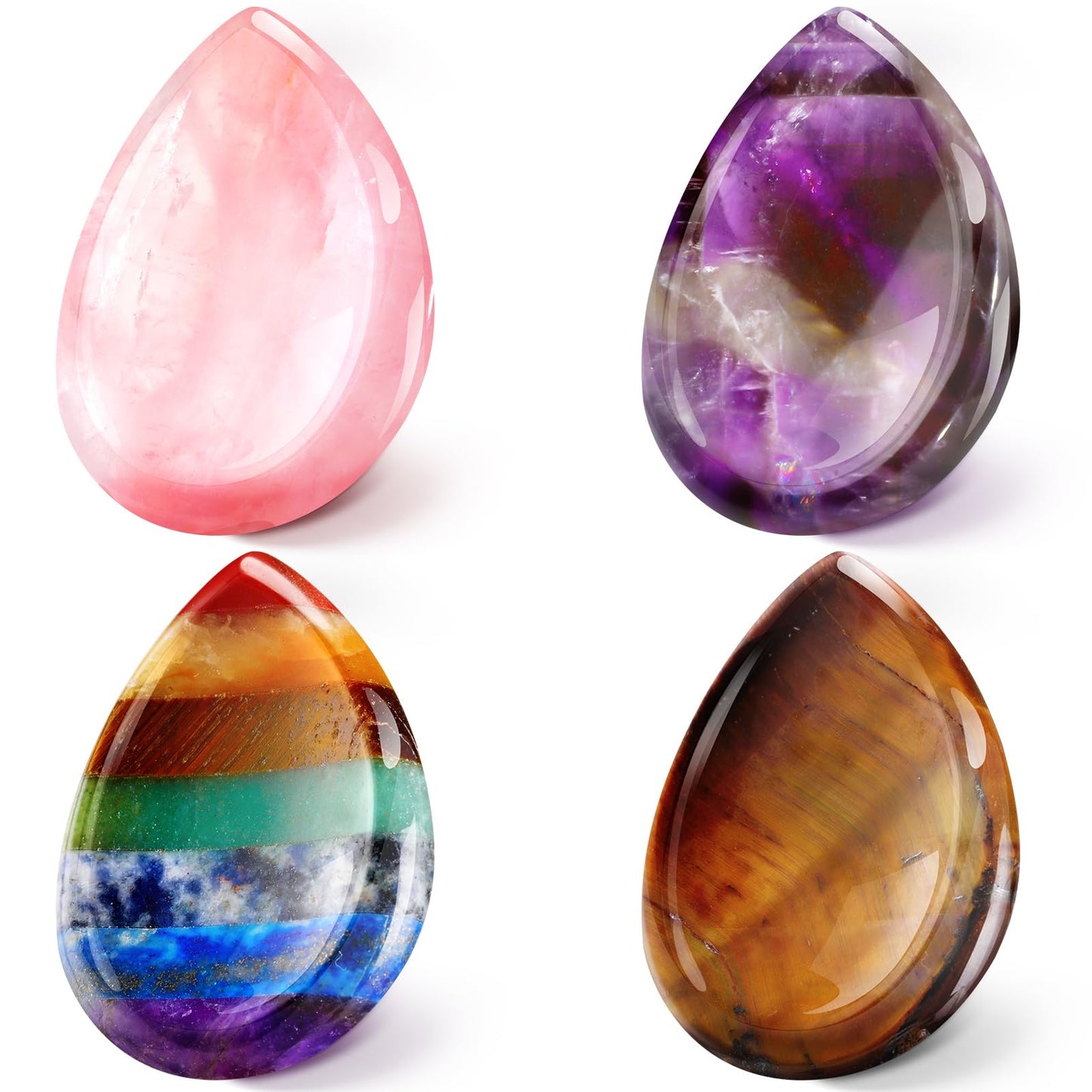 Roowest 4 Pcs Thumb Worry Stone for Anxiety Natural Crystal Healing Stone Chakras Amethyst Tiger Eye Quartz Pocket Hug Gift for Office Stress Meditation(Chromashift,Teardrop)