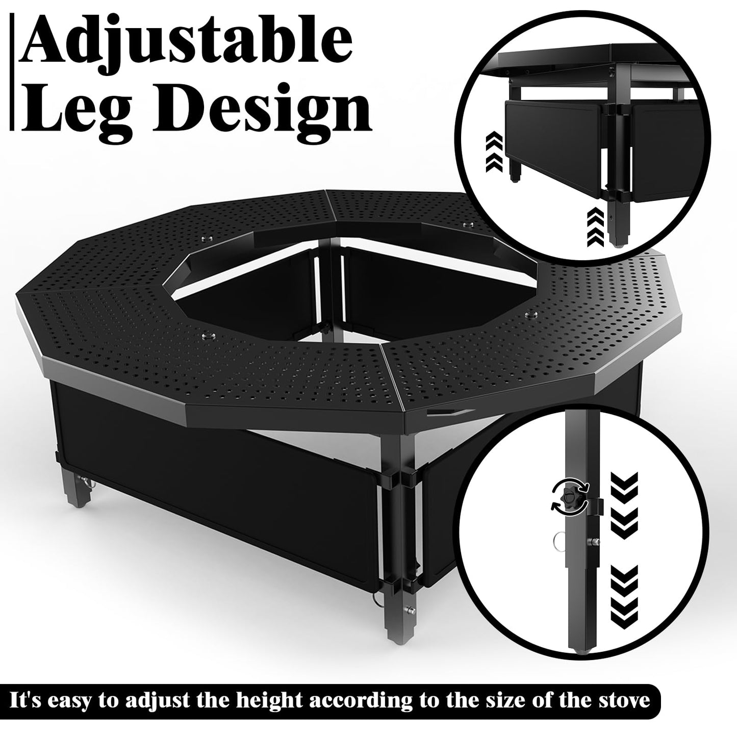 Lezbanz Fire Pit Surround Tabletop for Solo Stove Bonfire Ranger 2.0, Thick Powder-Coated Steel Surround Tabletop, Outdoor FirePit Table, UV-Resistant Outdoor Fabric & Adjustable Height