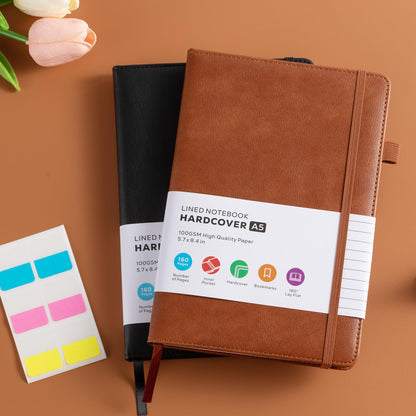 Lined Journal Notebook, A5 (5.7'' x 8.4"), 2 Pack Journaling Notebooks for Women Men Writing Work, Leather Hardcover, 160 Pages per Note Book, 100GSM Thick Paper, School Office Supplies, Black & Brown