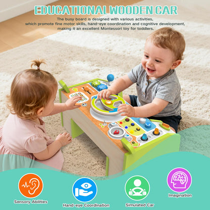 Yuyctwg Montessori Car Busy Board for Toddlers, Wooden Sensory Steering Wheel Activity Baby Toy with Lights, Buttons, Gears & Key Start, Kids Interactive Educational Toys for Boys Girls
