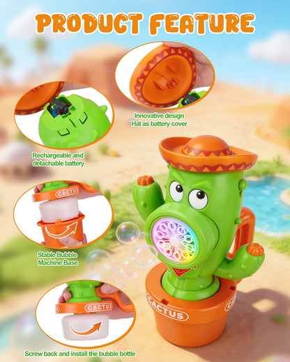 Vodolo Cactus Bubble Machine for Kid, Handheld Automatic Bubble Blower with Lights and Music， Swing Dance Bubble Maker Blower Blaster Outdoor Toys