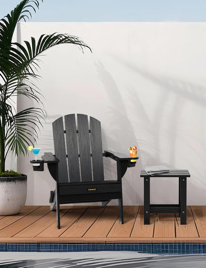 Folding Adirondack Chair, Wooden Textured Plastic Adirondack Chairs with 2 Cup Holder, Weather Resistant HDPE Fire Pit Chair, Outdoor Patio Chairs for Garden, Backyard, Lawn, Deck, 380LBS, Black