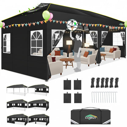 COBIZI 10x20 Pop Up Canopy Tent with 6 Sidewalls One Push Setup Outdoor Commercial Gazebo Waterproof UPF 50+ Party Tent with Carry Bag,Air Vent,Sandbag Tents for Parties,Wedding,Backyard,Black