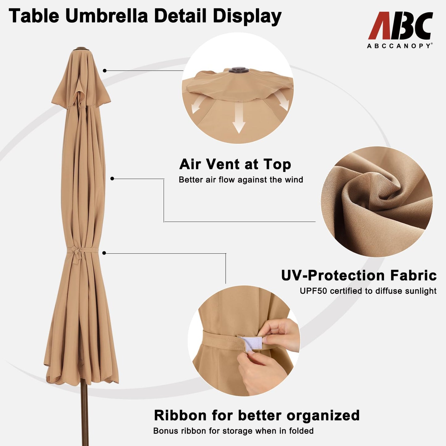 ABCCANOPY 10ft Scalloped Patio Umbrella, Outdoor Table Umbrella with Tilt and Crank, Fiberglass Ribs Deck Umbrella for Patio, Pool, Garden, Picnic (Khaki)