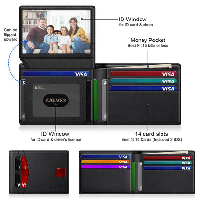 Wallet for Men Slim RFID Blocking Leather Credit Card Holder Wallet for 14 Cards, Bifold Minimalist Thin Wallet with 2 ID Windows & Cash Slot, Front Pockt Carteras Para Hombres, Birthday Gifts for Men