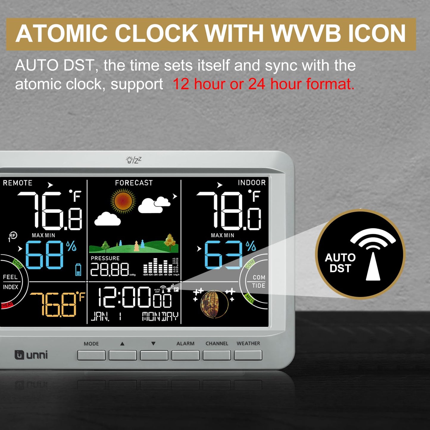 Weather Station Indoor Outdoor Thermometer Wireless, Home Atomic Clock with Large Constant Display, Inside Outside Temperature Humidity Monitor, Dew Heat Point, Barometer Grey