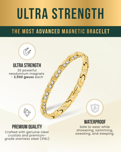 MagnetRX® Ultra Strength Magnetic Bracelets for Women – Double Magnet Stainless Steel Crystal Bracelet for Women – Adjustable Bracelet Length with Sizing Tool (Gold XO)