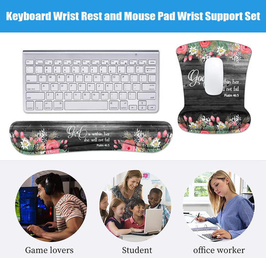 Keyboard Wrist Rest and Mouse Wrist Rest Pad Set with Coasters, Ergonomic Support, Non-Slip PU Base, Easy Typing & Pain Relief for Home Office Working Studying, Floral Quote Bible Verses Psalm 46:5
