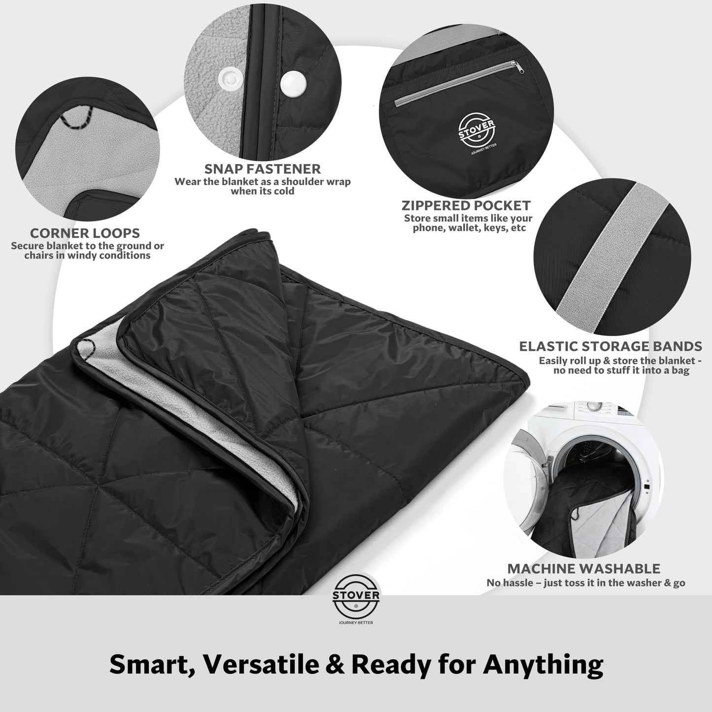 STOVER Large Waterproof Outdoor Stadium Blanket- Extra Thick Soft Fleece Camping Blanket for Travel, Picnics, Sports, Dogs- 79"x55", Warm, Windproof, Sand-Proof, Lightweight, Packable (Stadium Black)