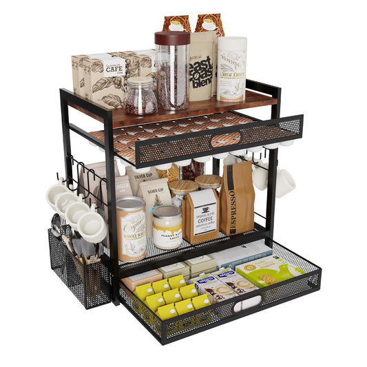 Coffee Bar Organizer Station with CoffeePod Drawer Mug Cup Holder and Tea Condiment Storage for Countertop Organizer CoffeeBar Accessories for Kitchen,Home,Office