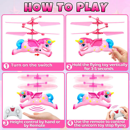 Bloolilies Flying Unicorn Toys for Girls, Magic Flying Fairy Toy Rc & Hand Controlled Unicorn Mini Drone Helicopter Toy with LED Light for Girls Age 6 7 8 9 10 11 12 Years Old Birthday Gift for Kids