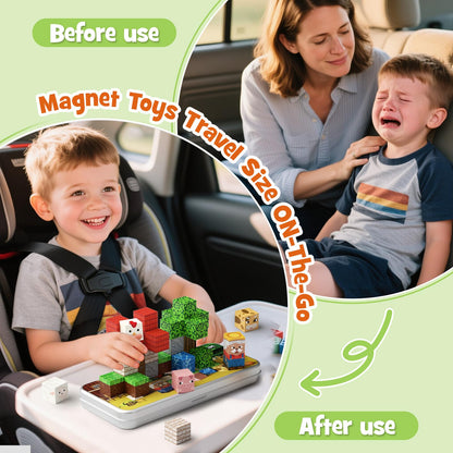hunloot Mini Magnetic Blocks Farm Animals Travel Toys, 35PCS Portable STEM Magnetic Building Cubes with Metal Storage Box for Kids Ages 4-8, Road Trip & Airplane Essentials