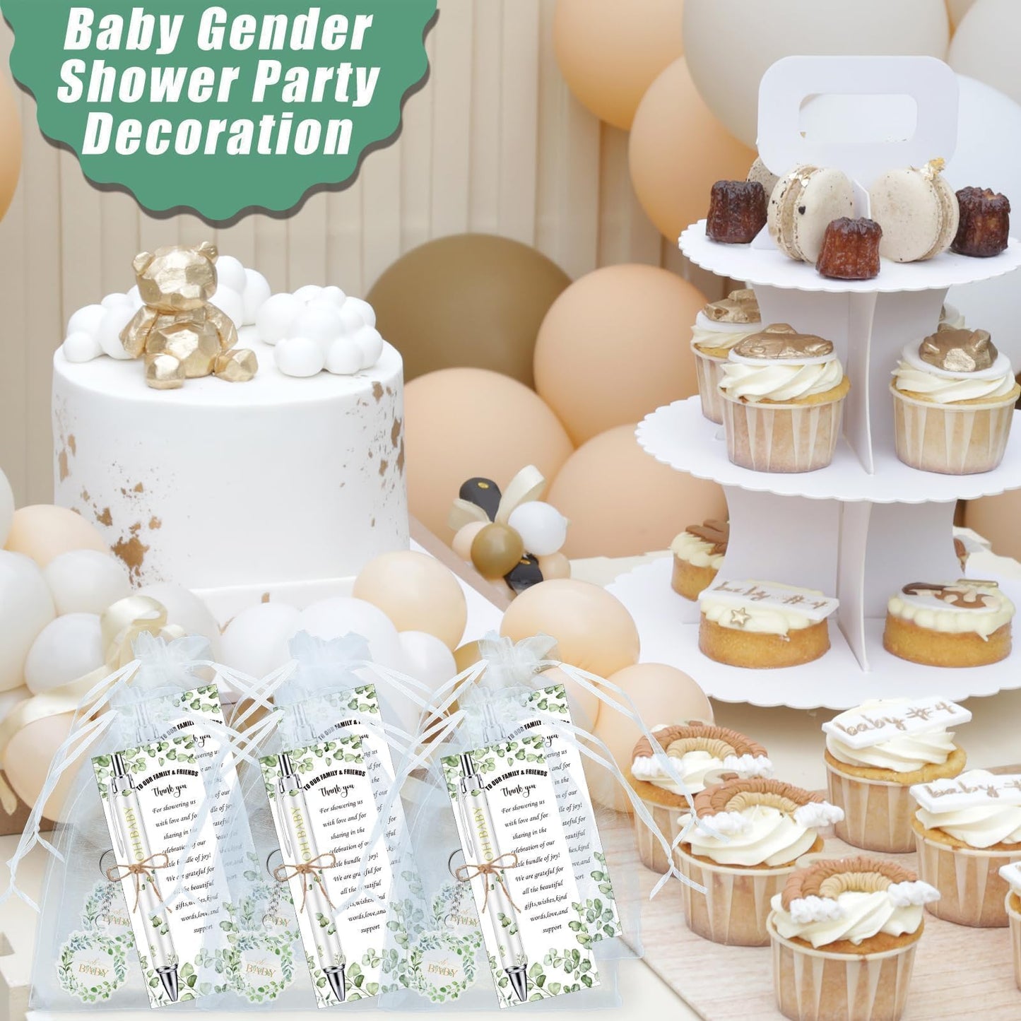 EYNDYN 145 Pieces Baby Shower Favors for Guest Eucalyptus Leaf Ballpoint Pens and Keychains Gifts for Boys Girs Bulk Retractable Baby Shower Pens Gender Reveal Greeting Cards Souvenirs Prizes