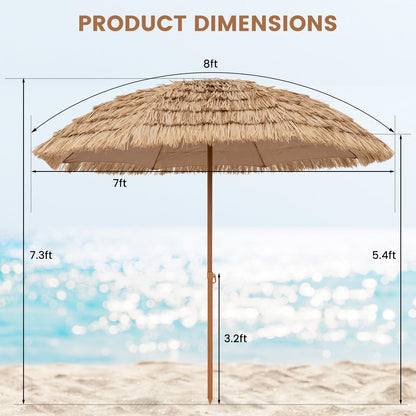 Tangkula 8Ft Tiki Patio Umbrella, UPF50+ Hawaiian Style Outdoor PE Grass Umbrella with 8 Ribs, Portable Thatched Beach Umbrella for Garden, Yard, Poolside