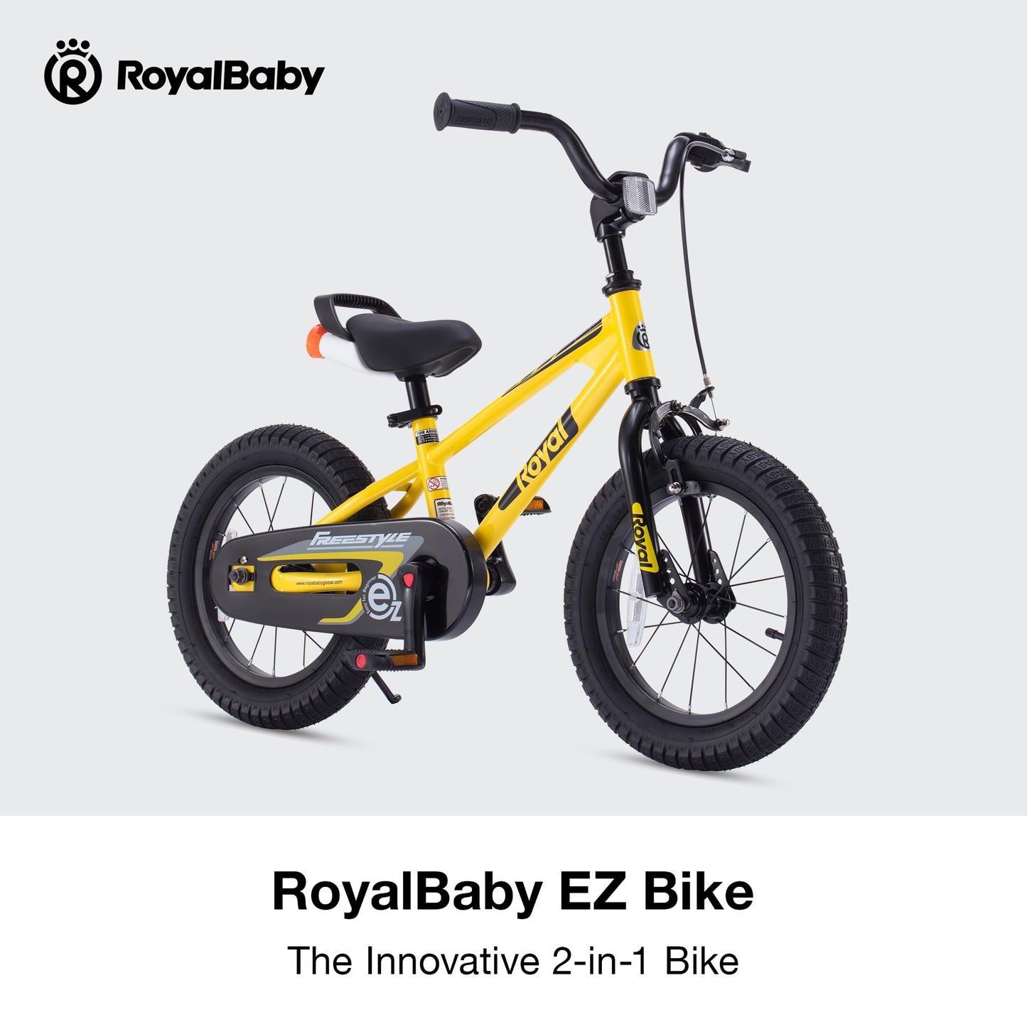 RoyalBaby Freestyle EZ Kids Bike, Easy Learn Balancing to Biking, 14 Inch Balance & Pedal Bicycle, Instant Assembly Toddlers Boys Girls Ages 3-5 Years, 14" Yellow