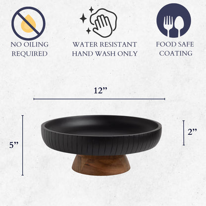 LAVAUK Mango Wood fruit bowl, Decorative black bowl with natural finish pedestal | 12" dia | Dual tone look | Use as Centerpiece for kitchen counter or dining table (Black)