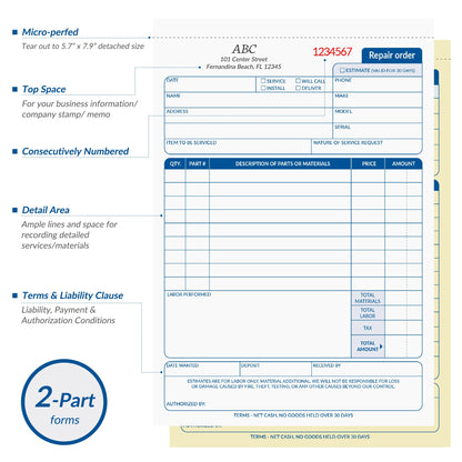Harfesto Repair Order Book, 2 Part Carbonless Job Work Order Forms - White/Yellow, 5-7/10 x 8-1/4 Inches, Invoice Receipt Book for Small Business, Consecutively Numbered, 100 Sets (2 Packs)