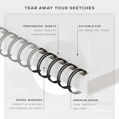 BEECHMORE BOOKS 5.6"x8.5" Spiral Sketchbook – 140 GSM Acid-Free Paper, 100 Perforated Pages, A5 Art Sketch Pad for Drawing & Sketching, Artists, Adults