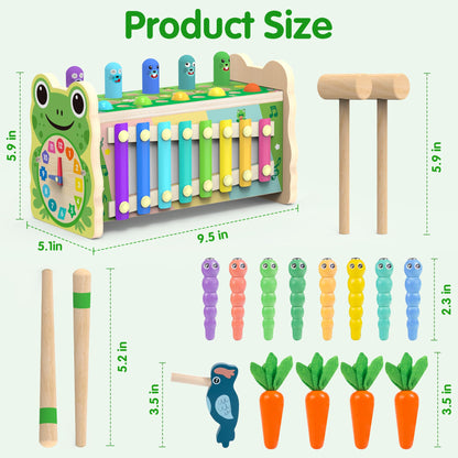 Amtreen 6-IN-1 Wooden Montessori Toys for 1 Year Old, Mole-Tapping Game | Play the Xylophone | Frog Clock | Carrot Harvest Game | Spinning Gear, Toddler Toys Aged 1-4, Baby Toy Gift for Early Learning