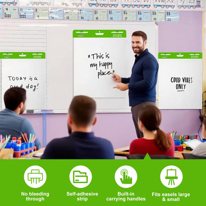 Sticky Easel Pad 15 in x 18 in, 35 Sheets/Pad, 4 Pads/Pack, 140 Sheets， Large White Sticky Easel Paper for Office and Classrooms, Flip Chart Paper for Teachers，Super Sticking Power & Bleed-Resistant