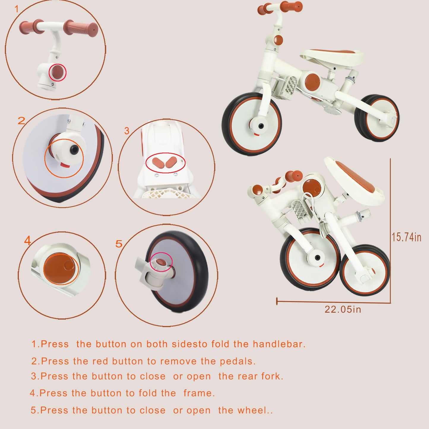 FVOJZQGD Toddler Push Foldable Tricycle with Canopy, 8 in 1 Balance Trike Baby Bike with Handle Toddler Tricycle for 1-3,Kids Folding Tricycles Chrismas and Birthday Gift for Boy and Girl Trike