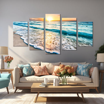 Goldfoilart 5 Pieces Beach Coastal Wall Art Sea Sunset Seascape Pictures Ocean Photography Canvas Large Horizontal Landscape Multi Framed Artwork for Bedroom Living Room Bathroom Wall Decor